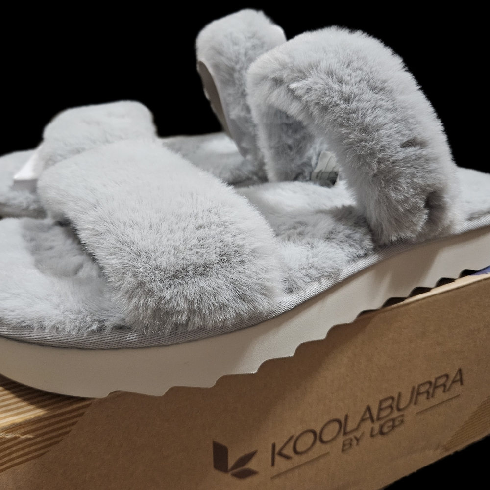 Koolaburra Gray Fuzzy Slippers with Cross-Strap Design